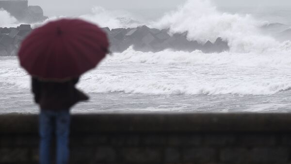 Un hombre con el paraguas mira la costa de San Sebastián durante una tormenta - Sputnik Mundo