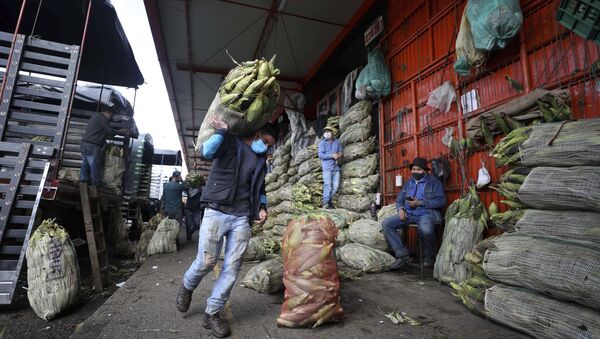 Un ciudadano colombiano utilizando mascarilla en el mercado de alimentos de Corabastos en Bogotá - Sputnik Mundo