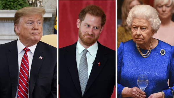 El presidente de EEUU, Donald Trump, el príncipe Harry de Inglaterra y la reina Isabel II de Inglaterra - Sputnik Mundo