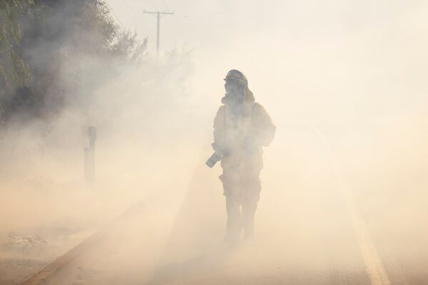 El fotógrafo de Los Angeles Times intenta atravesar el humo del incendio en el condado de Orange, California. - Sputnik Mundo