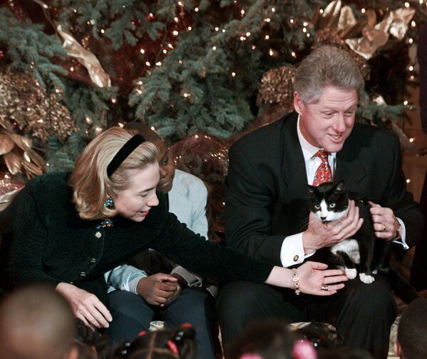 El felino favorito del presidente Bill Clinton apodado Socks fue el 'primer gato' de Estados Unidos de 1993 a 2001. Durante el segundo mandato de Clinton, tuvo que hacer valer sus derechos contra un nuevo miembro de la familia, el perro Buddy.En la foto: el presidente de EEUU, Bill Clinton, con su esposa, Hillary, y el gato Socks en la Casa Blanca en 1996.   - Sputnik Mundo