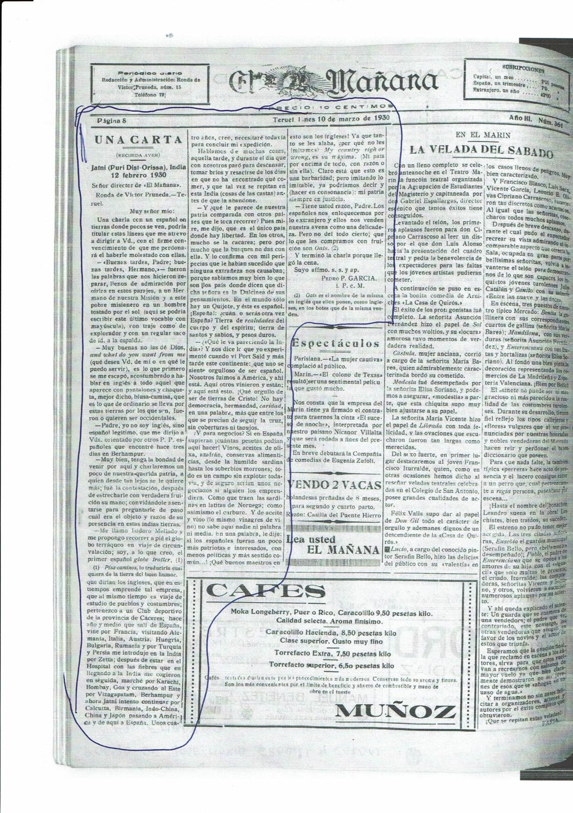 Carta publicada en el diario 'La Mañana' sobre las aventuras de Isidor Mellado - Sputnik Mundo, 1920, 18.02.2021
