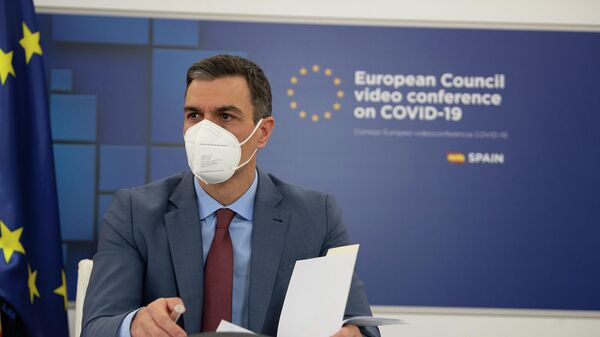 El presidente del Gobierno, Pedro Sánchez, participa por videoconferencia en la reunión del Consejo Europeo Extraordinario del 25 y 26 de febrero. - Sputnik Mundo