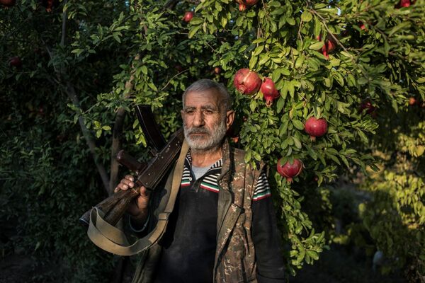 Anushavan, habitante del pueblo Ujtasar, en un jardín de granados cerca de su casa con un fusil de asalto Kalashnikov de la primera guerra en Karabaj. - Sputnik Mundo
