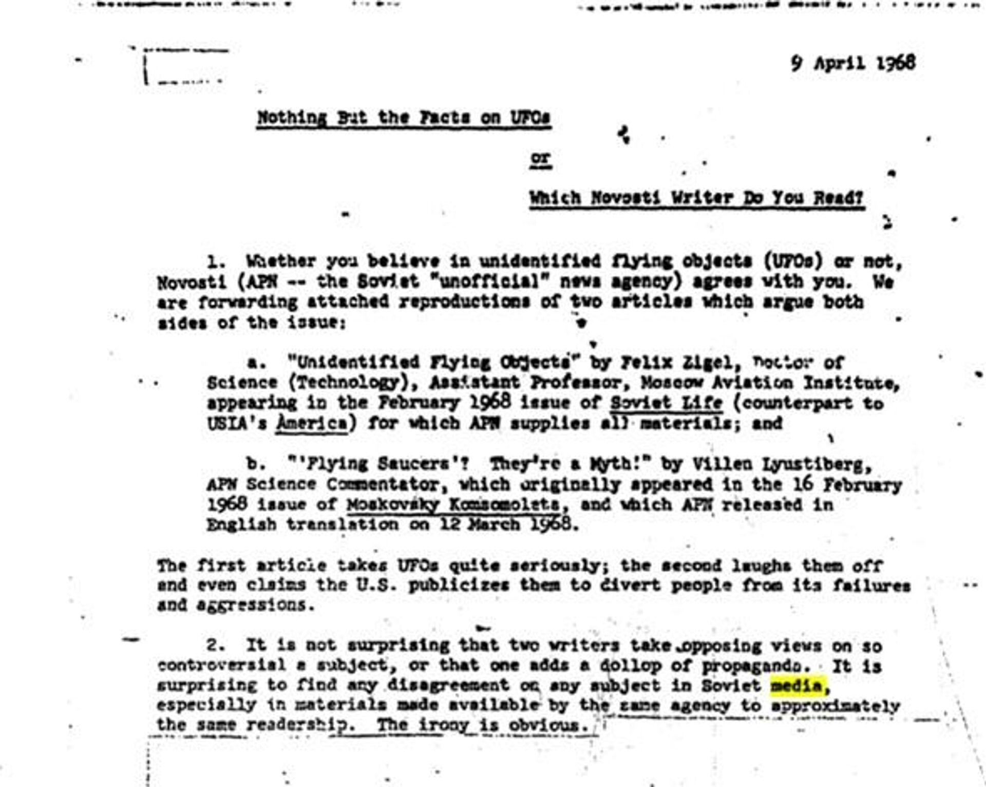 Un fragmento del informe de la CIA sobre los ovnis en los medios soviéticos - Sputnik Mundo, 1920, 17.03.2021