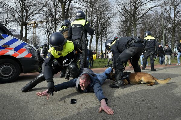 Los agentes de Policía detienen a un manifestante durante una protesta antigubernamental en La Haya (Países Bajos). - Sputnik Mundo