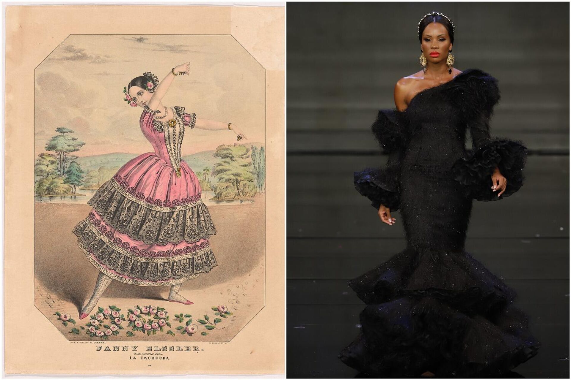 A la izquierda: Obra de Fanny Elssler de 1836 que ensalza la tradición flamenca, a la derecha: Desfile de 2020 de F de Frank - Sputnik Mundo, 1920, 01.04.2021