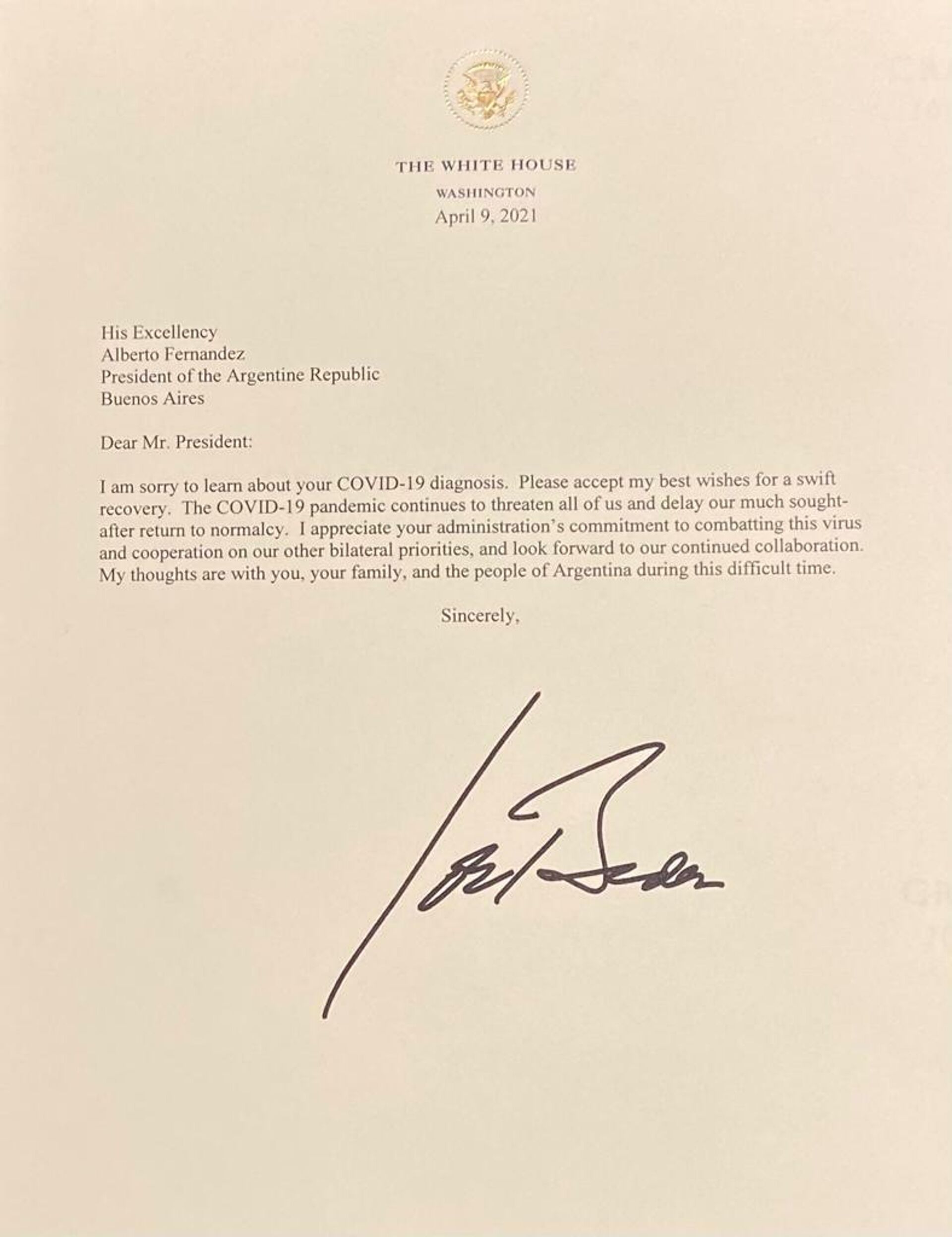 Carta de Joe Biden con deseos de pronta recuperación del COVID-19 para Alberto Fernández - Sputnik Mundo, 1920, 14.04.2021