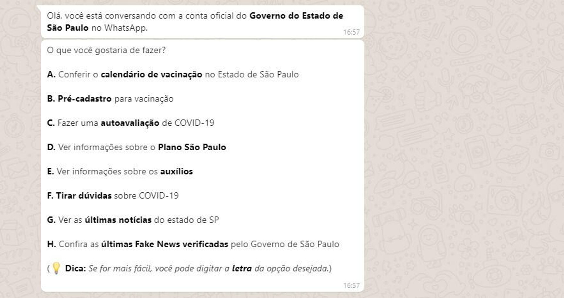 Opciones brindadas chatbot del Gobierno de Sao Paulo para atender consultas sobre el COVID-19 - Sputnik Mundo, 1920, 21.04.2021