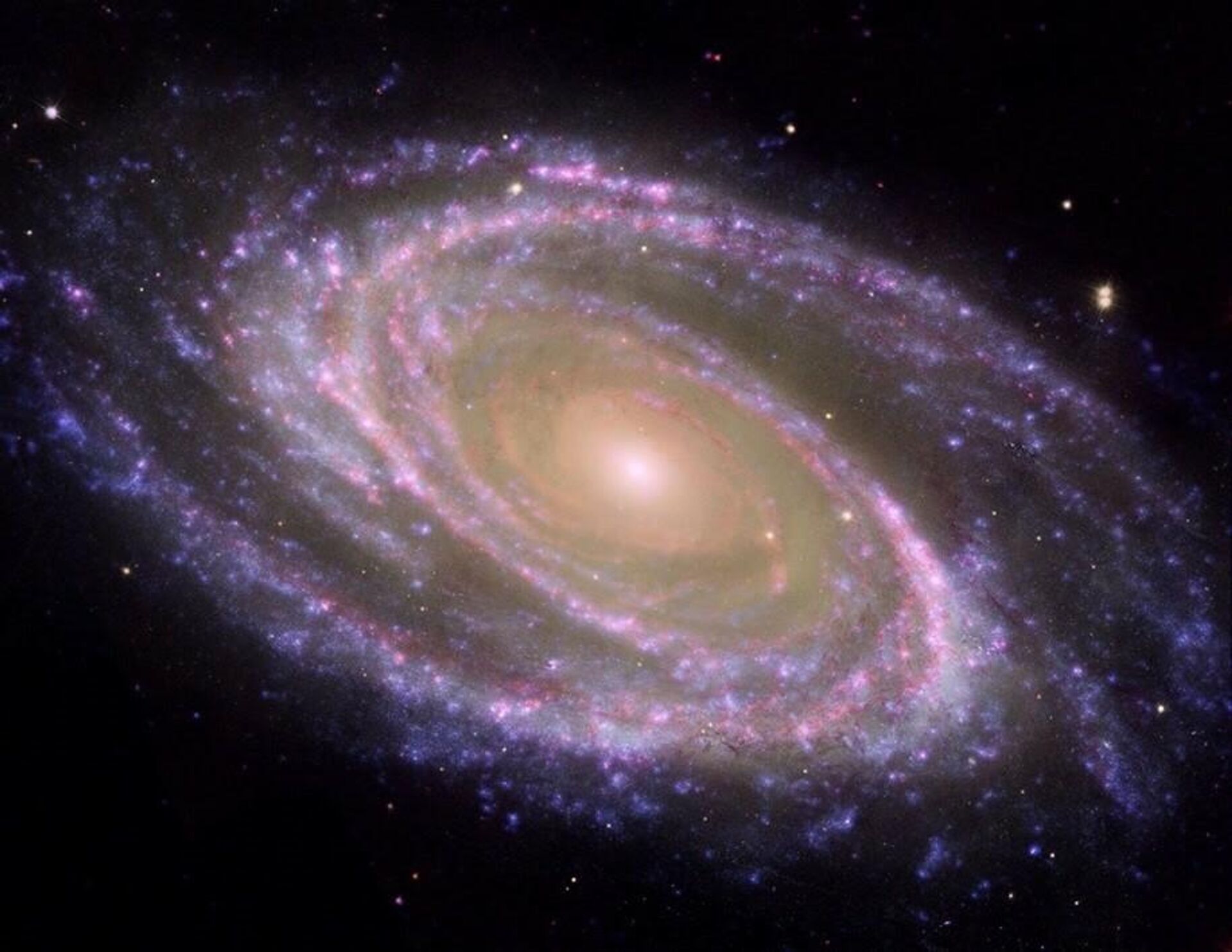 Esto es una galaxia espiral cercana, la M81, en el centro está el bulbo (rojizo) y el exterior (azulado) los brazos espirales, donde se crean las estrellas - Sputnik Mundo, 1920, 11.06.2021