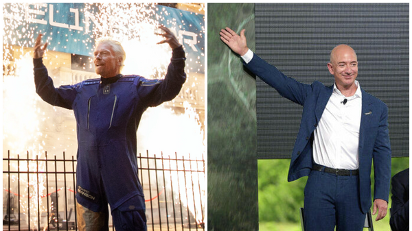 Richard Branson, fundador de Virgin Galactic, y Jeff Bezos, fundador de Blue Origin - Sputnik Mundo