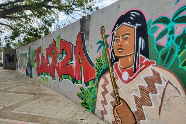 Murales en la Universidad Industrial de Santander (UIS) en Bucaramanga, Colombia, que aluden a la Guardia Indígena. La Guardia Indígena es el cuerpo de protección pacífico de comunidades nativas, usualmente del suroccidente del país. - Sputnik Mundo