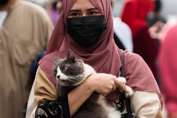 Se recomienda pasar la noche del Eid al Adha en adoración, ya que en esta noche el dios responde a las oraciones de sus siervos.En la foto: una mujer musulmana con un gato en la Mezquita Azul de Taguig, Filipinas. - Sputnik Mundo