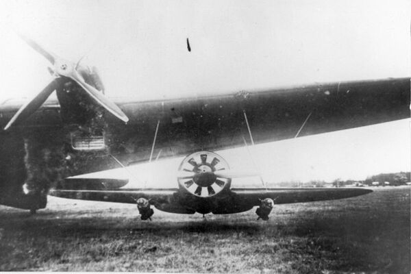 Un caza I-16 bajo el ala del bombardero TB-3 del proyecto Zveno. El caza va armado con dos bombas de 250 kg - Sputnik Mundo