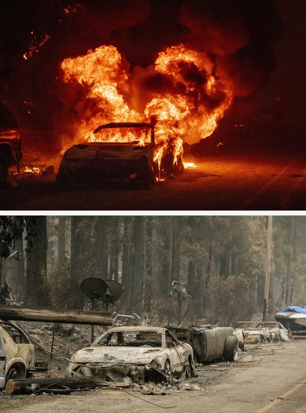 Un auto en llamas (arriba) el 24 de julio de 2021 y lo que quedó del mismo tras el incendio el 7 de agosto de 2021. - Sputnik Mundo