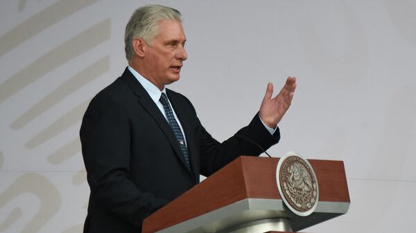 El presidente de Cuba, Miguel Díaz-Canel, da un discurso con motivo de la celebración del Día de la Independencia de México, en Ciudad de México, el 16 de septiembre de 2021 - Sputnik Mundo