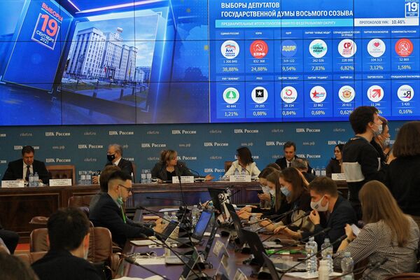 El Comité Electoral de Rusia anuncia los resultados preliminares de las elecciones parlamentarias federales en su sede central en Moscú. - Sputnik Mundo