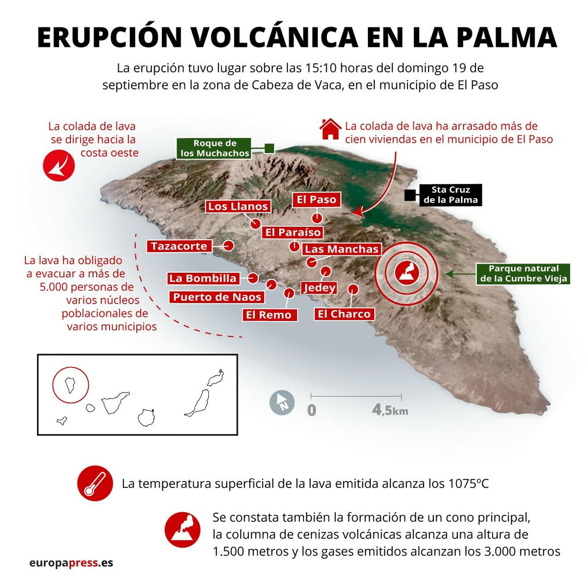 Infografía con localización y datos de la erupción volcánica en La Palma, Canarias. - Sputnik Mundo, 1920, 20.09.2021