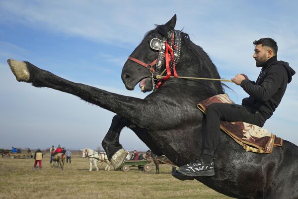 Un ritual de bendición de caballos durante las celebraciones de la Epifanía en el pueblo rumano de Pietrosani. - Sputnik Mundo