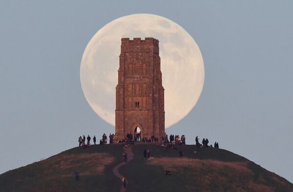 Una vista de la luna de lobo detrás de la Torre de San Miguel en la colina de Glastonbury Tor en el Reino Unido. - Sputnik Mundo