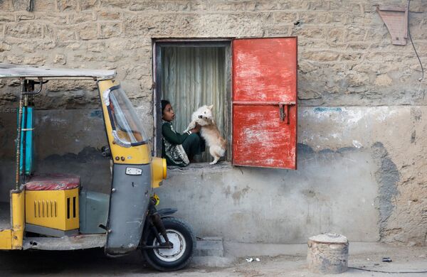 Una niña juega con un perro en Karachi, Pakistán. - Sputnik Mundo