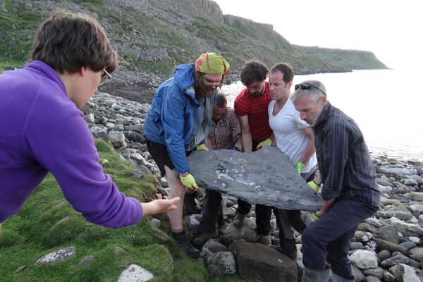 Así los investigadores transportaron parte del fósil hallado en las costas de la isla Skye, en Escocia. - Sputnik Mundo