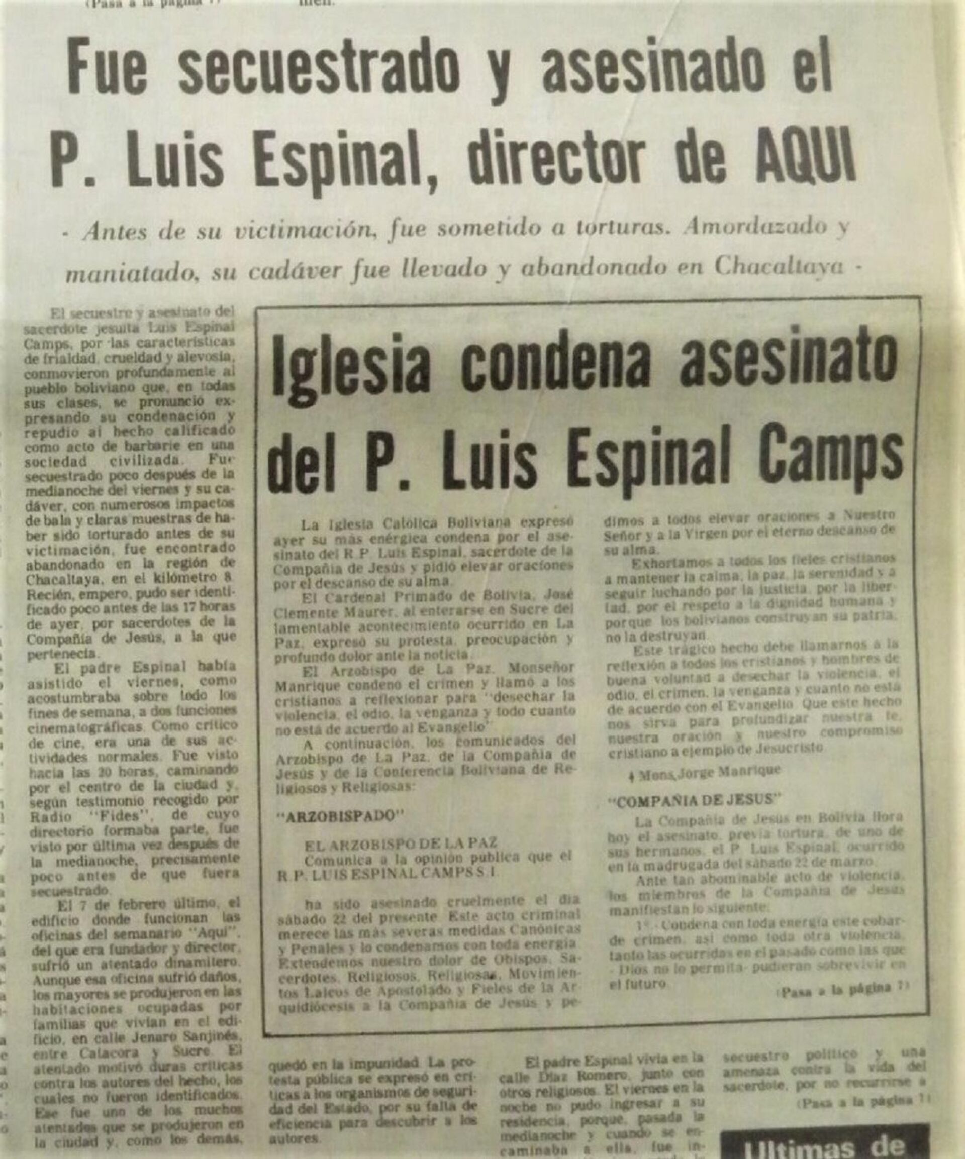 Repercusiones del asesinato de Luis Espinal en la prensa boliviana de la época - Sputnik Mundo, 1920, 23.03.2022
