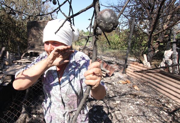 Julio de 2019. El pueblo de Záitsevo, la región de Donetsk. Una mujer cerca de un manzano quemado en el patio de una casa destruida por los bombardeos de las Fuerzas ucranianas. - Sputnik Mundo