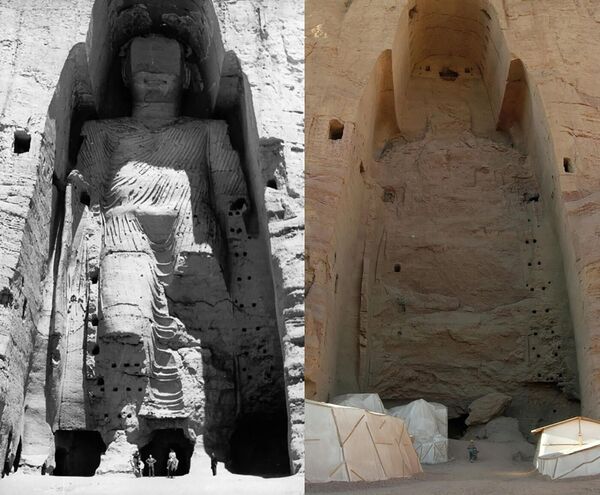 Dos gigantescas estatuas de Buda (55 y 37 metros), que formaban parte de un complejo de monasterios budistas del siglo IV ubicado en la provincia afgana de Bamiyán, fueron destruidas en 2001 por los talibanes, a pesar de las protestas públicas, por considerarlas ídolos paganos.En la foto: la estatua del Buda de Bamiyán antes y después de la destrucción. - Sputnik Mundo