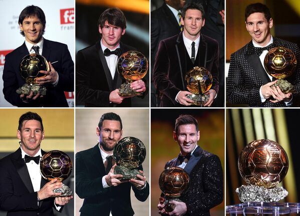 Messi es siete veces ganador del Balón de Oro —un récord en el fútbol mundial— y seis veces ganador de la Bota de Oro. Forbes eligió a Messi como el deportista mejor pagado del mundo en 2019.En la foto: Lionel Messi recibiendo el Balón de Oro en diferentes años. - Sputnik Mundo