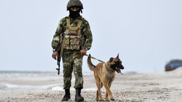 Soldado ruso con un perro patrulla en zona desminada - Sputnik Mundo