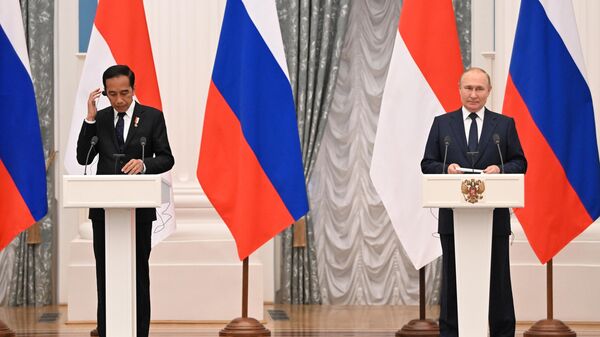 El presidente de Indonesia, Joko Widodo, y el presidente ruso, Vladímir Putin - Sputnik Mundo