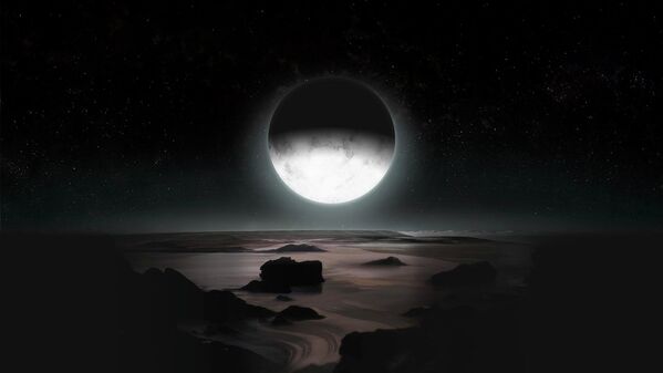 Una representación artística de Caronte, la mayor de las cinco lunas de Plutón, elevándose sobre su polo sur. - Sputnik Mundo