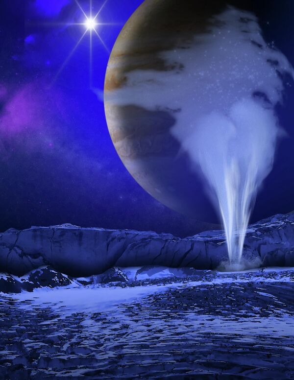 Una ilustración artística de la superficie helada de la luna Europa de Júpiter con una columna de vapor de agua que se eleva al cielo. - Sputnik Mundo
