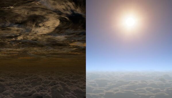 Así es como un artista representó el color contrastante del cielo en los planetas fuera del sistema solar. De hecho, se han encontrado nubes altas y densas, como en la imagen de la izquierda, alrededor de varios exoplanetas del tamaño de Neptuno. Pero la parte superior de la atmósfera del exoplaneta HAT-P-11b, descubierto en 2008, resultó ser tan transparente como en la figura de la derecha. - Sputnik Mundo