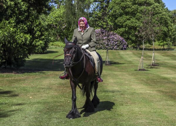 La reina Isabel II de Gran Bretaña monta a Balmoral Fern, un poni de 14 años, en el parque Windsor Home, al oeste de Londres, durante el fin de semana del 30 y 31 de mayo de 2020. - Sputnik Mundo