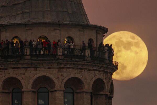 La gente observa la última luna llena del año, bautizada como Luna fría, desde la Torre Gálata de Estambul, en Turquía. - Sputnik Mundo