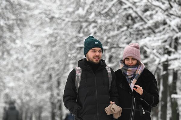 Dos personas pasean por un parque moscovita tras la nevada. - Sputnik Mundo