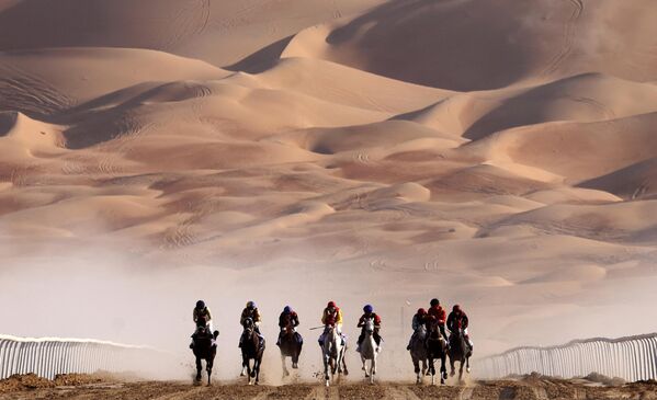 Los participantes compiten con caballos árabes pura sangre en el Festival Internacional de Liwa 2023, en el desierto, a 250 km de Abu Dabi. - Sputnik Mundo