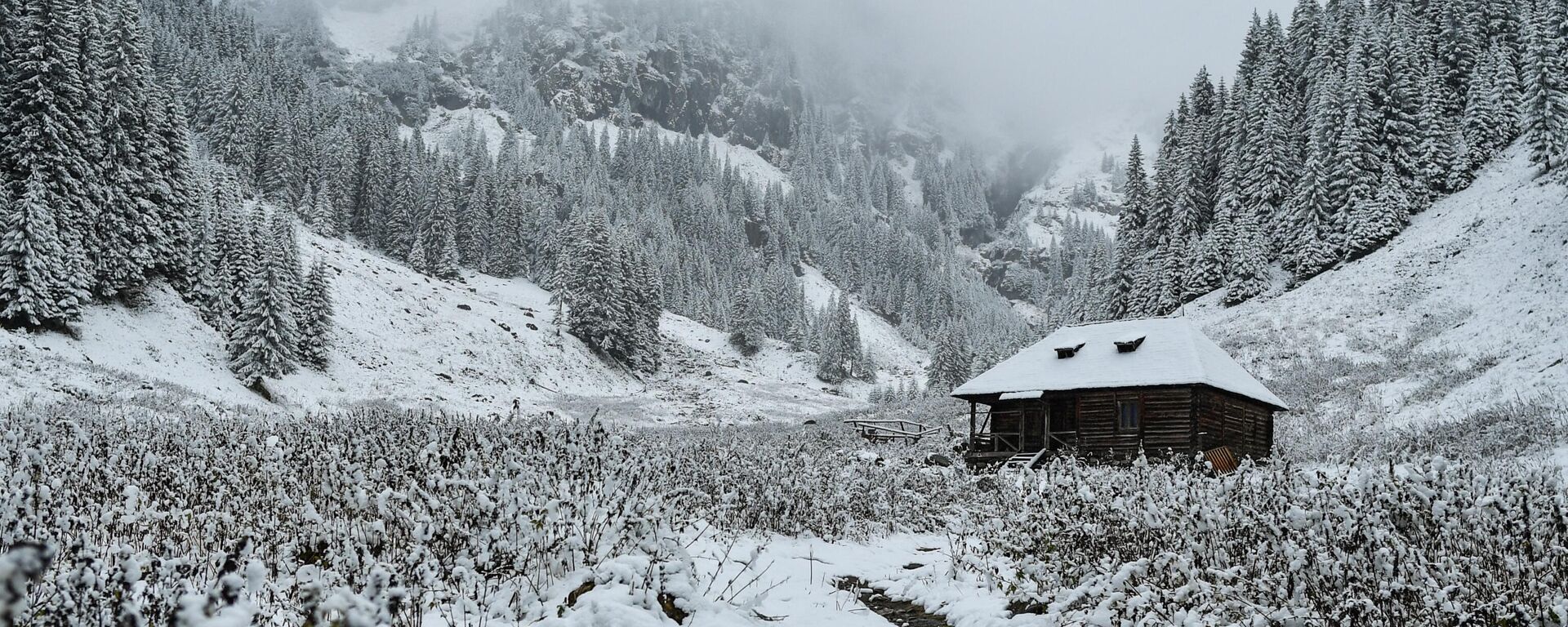 Abetos cubiertos de nieve rodean una cabaña en Valea Rea (El Valle Malo) en las montañas de Fagaras, cerca de Nucsoara, en el centro de Rumanía, el 31 de octubre de 2019. - Sputnik Mundo, 1920, 05.02.2023