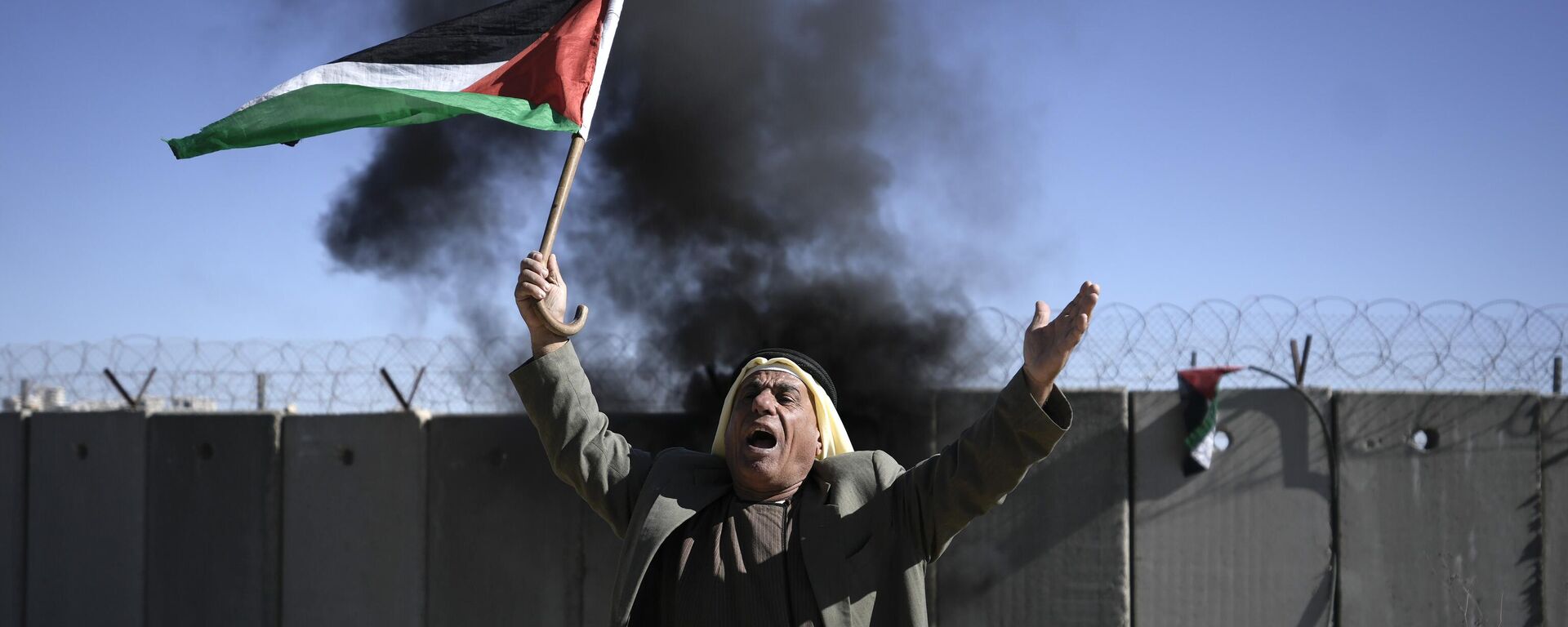 Un palestino ondea la bandera palestina durante una manifestación contra un nuevo asentamiento israelí en el pueblo de Qalandia, el 20 de enero de 2023  - Sputnik Mundo, 1920, 16.03.2023