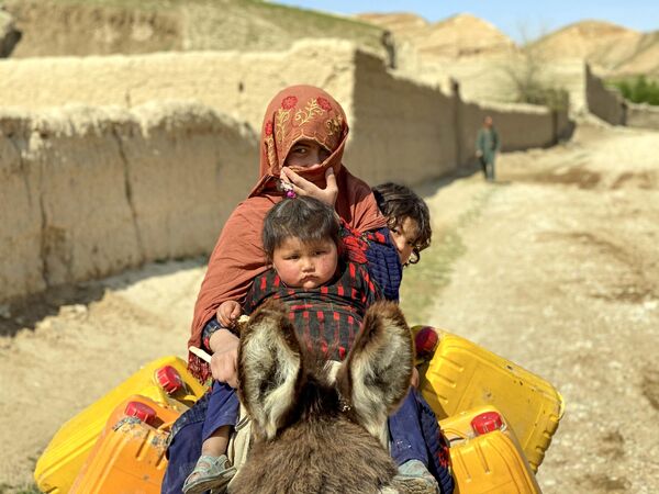 Una mujer afgana con sus hijos montan en un burro mientras viajan por una calle en la provincia de Balj. - Sputnik Mundo