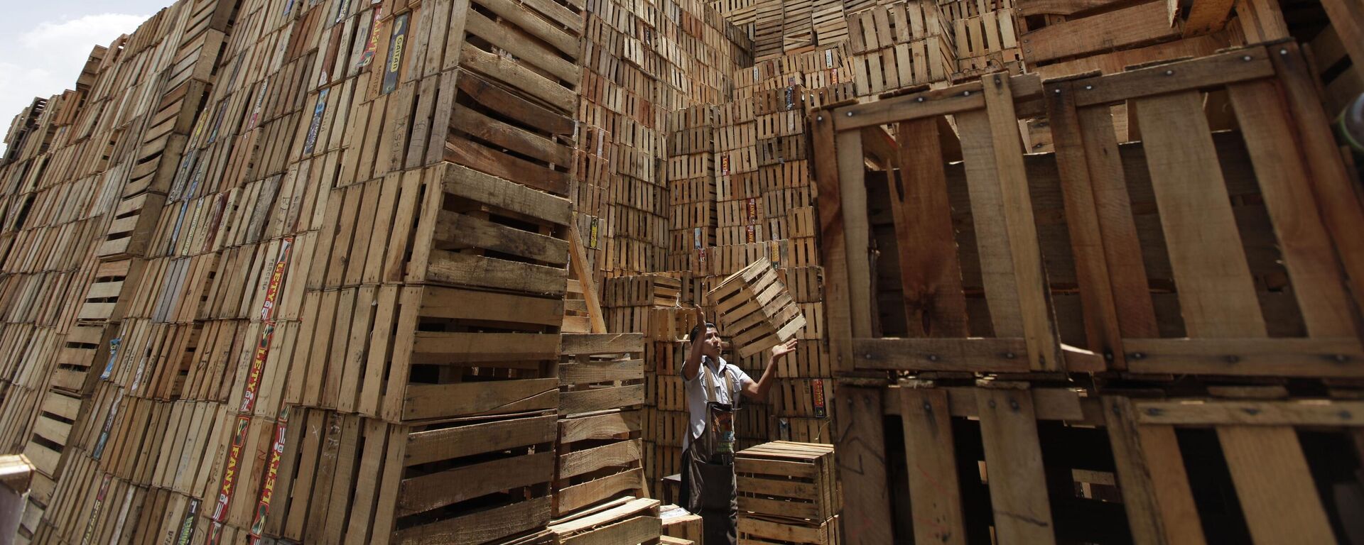 Trabajador apila cajas de madera en la Central de Abasto de la Ciudad de México - Sputnik Mundo, 1920, 07.04.2023