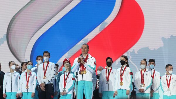 Atletas de la selección rusa durante la ceremonia de bienvenida a los olímpicos en el VTB Arena de Moscú, Rusia.  - Sputnik Mundo