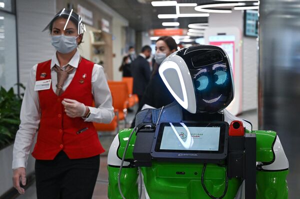 Robot-informador en uno de los centros de servicios públicos Moi Dokumenti en Moscú. - Sputnik Mundo