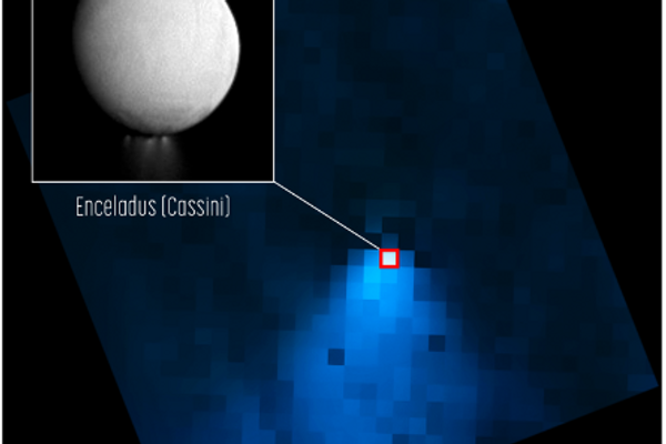 El telescopio espacial James Webb de la NASA muestra un penacho de vapor de agua que sale del polo sur de la luna Encélado, de Saturno. - Sputnik Mundo