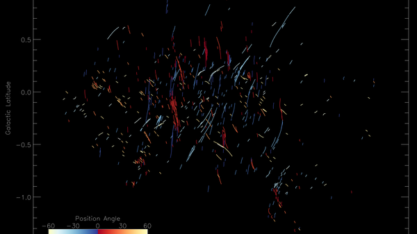 Imagen MeerKAT del centro galáctico con ángulos de posición codificados por colores, los filamentos largos verticales - Sputnik Mundo
