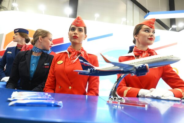 Stand de la compañía aérea rusa Aeroflot en el Centro de Convenciones y Exposiciones ExpoForum en SPIEF 2023. - Sputnik Mundo