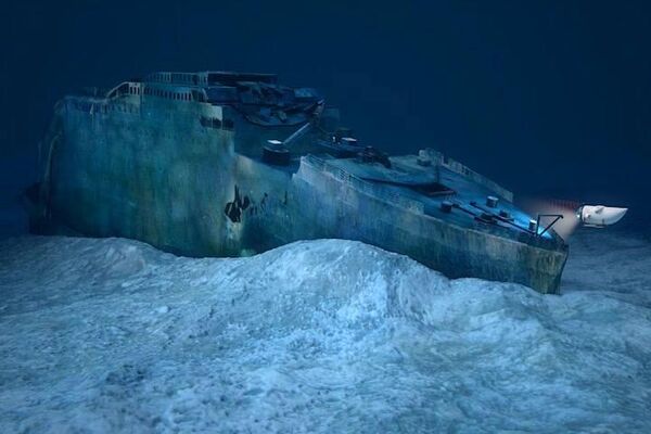 La causa de la muerte de los miembros del sumergible fue la implosión, es decir, la destrucción del submarino bajo una tremenda presión externa. Esta conclusión se basa en la naturaleza de los restos del batiscafo. En la foto: una maqueta del Titan sumergiéndose hacia los restos del transatlántico Titanic. - Sputnik Mundo