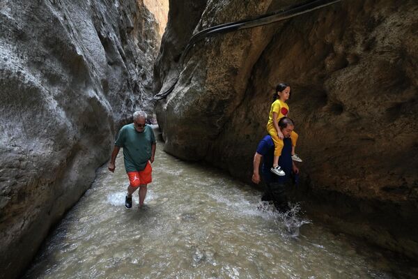 Un grupo de personas escapa del calor en las frescas aguas de un río de montaña en el cañón de Tangeh Vashi, al norte de Teherán, Irán. - Sputnik Mundo